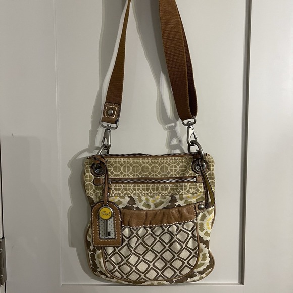 Fossil Yellow Khaki Brown Canvas Crossbody Purse Shoulder Bag Satchel‎ Crossover - Picture 1 of 8